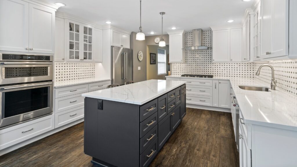 Image of kitchen cabinets with hardware (knobs and handles)