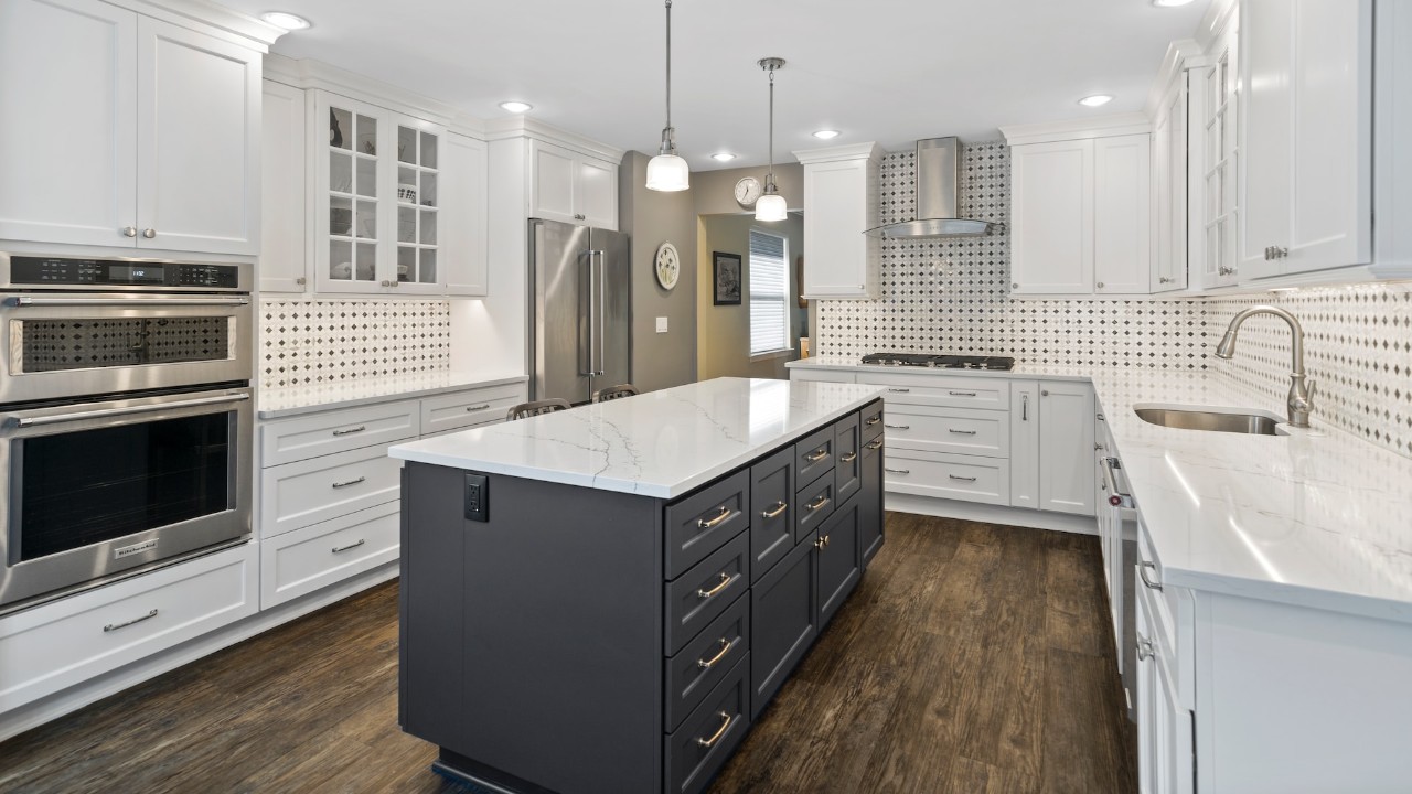 Image of kitchen cabinets with hardware (knobs and handles)